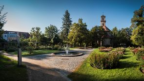 Stadtpark Blick auf die Auferstehungskirche durch den Rosengarten im Fürther Stadtpark. Ein Springbrunnen ist zu sehen.