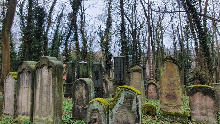 Alter Jüdischer Friedhof mit bemoosten Grabsteinen und kahlen Bäumen.